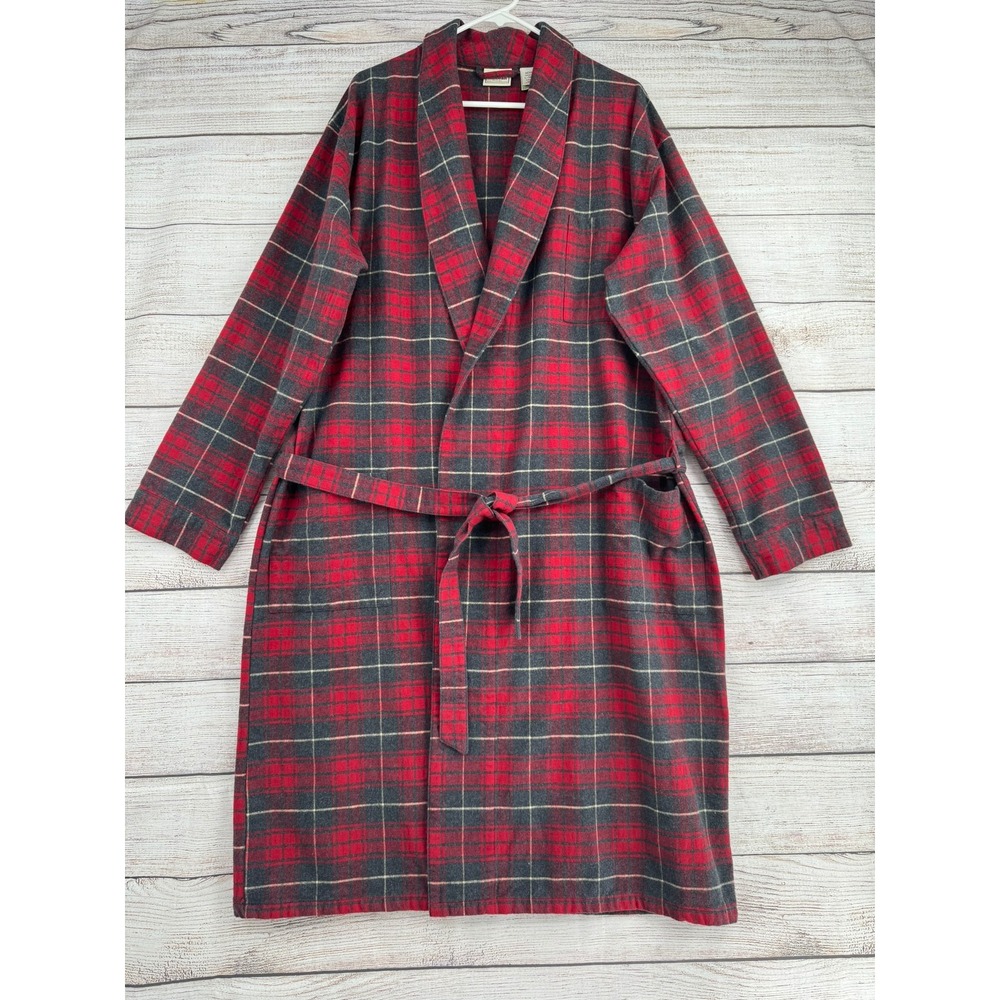 L.L. Bean Flannel Robe Men Large Tall Red Plaid Cotton Belted Loungewear - Picture 1 of 9
